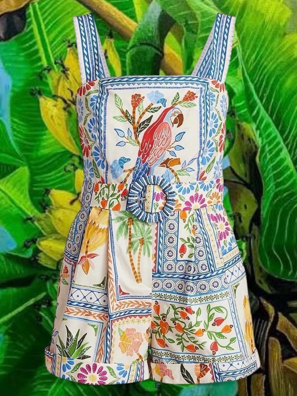 FARM Rio Tropical Tiles Belted Poplin Romper Jumpsuit size XL NWT see belt pic